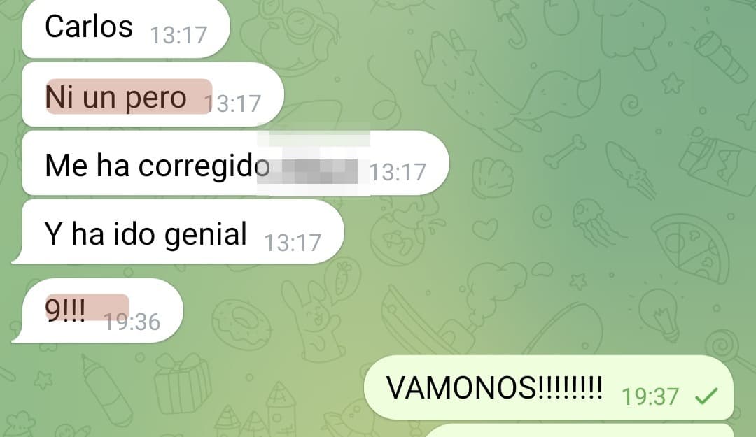 «Ni un pero. Me ha corregido [el catedrático] y ha ido genial. ¡9!»