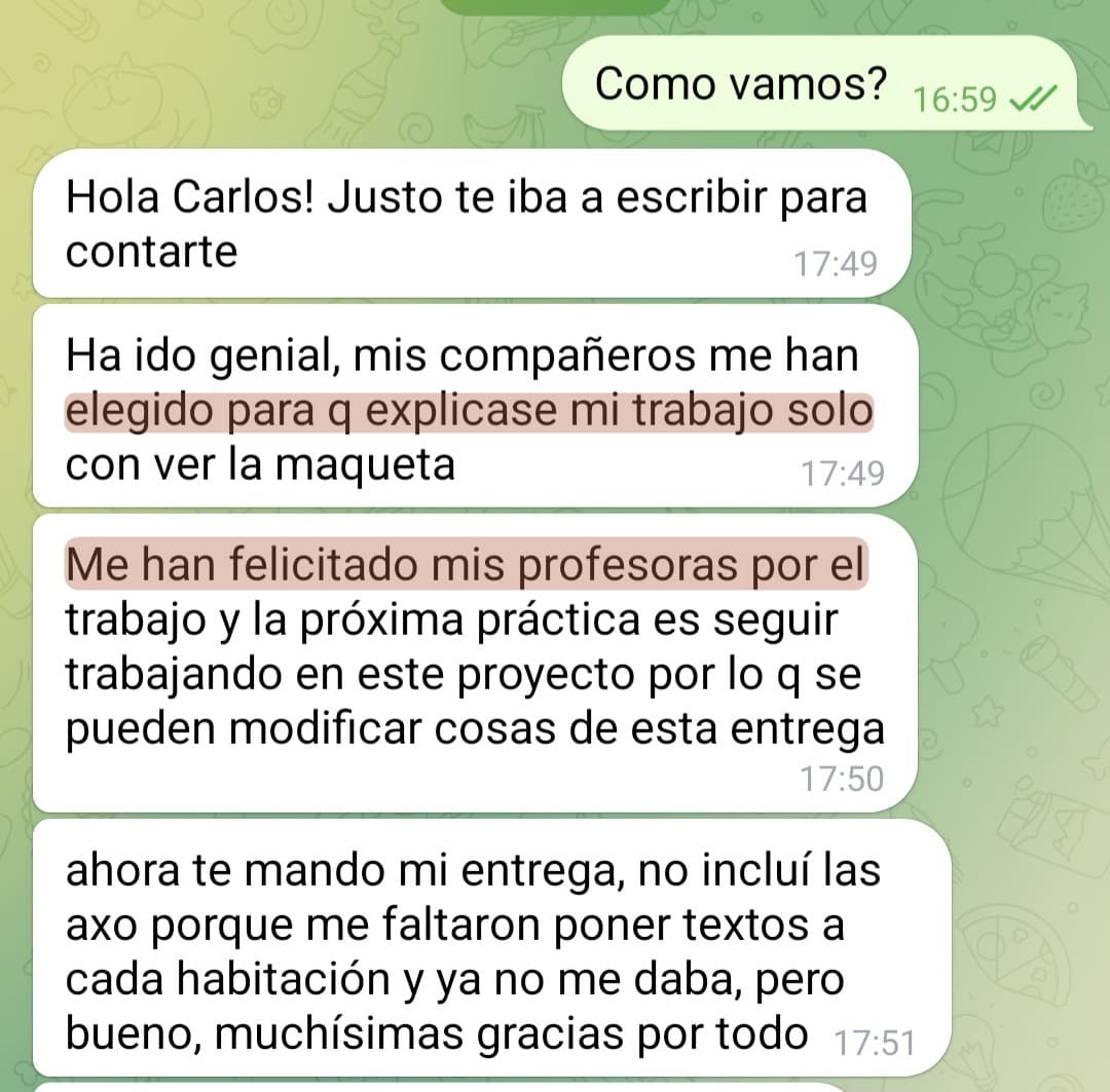 «Mis compañeros me han elegido para que explicase mi trabajo» · «Me han felicitado mis profesoras»