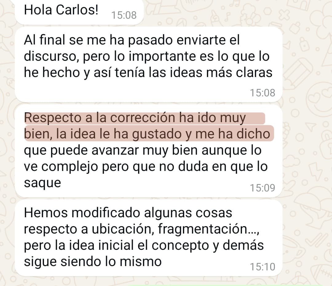 «La corrección ha ido muy bien, la idea le ha gustado y me ha dicho que puede avanzar muy bien»