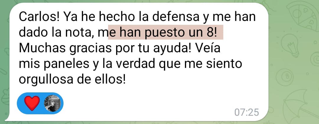 «Ya he hecho la defensa y me han puesto un 8… me siento orgullosa de mis paneles»