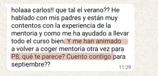 «He hablado con mis padres, muy contentos… me han animado a volver a coger mentoría»
