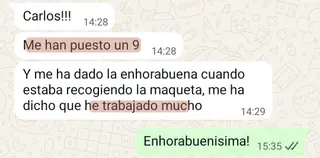 «Me han puesto un 9… me ha dicho que he trabajado mucho»