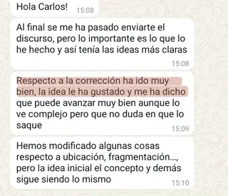 «La corrección ha ido muy bien, la idea le ha gustado y me ha dicho que puede avanzar muy bien»